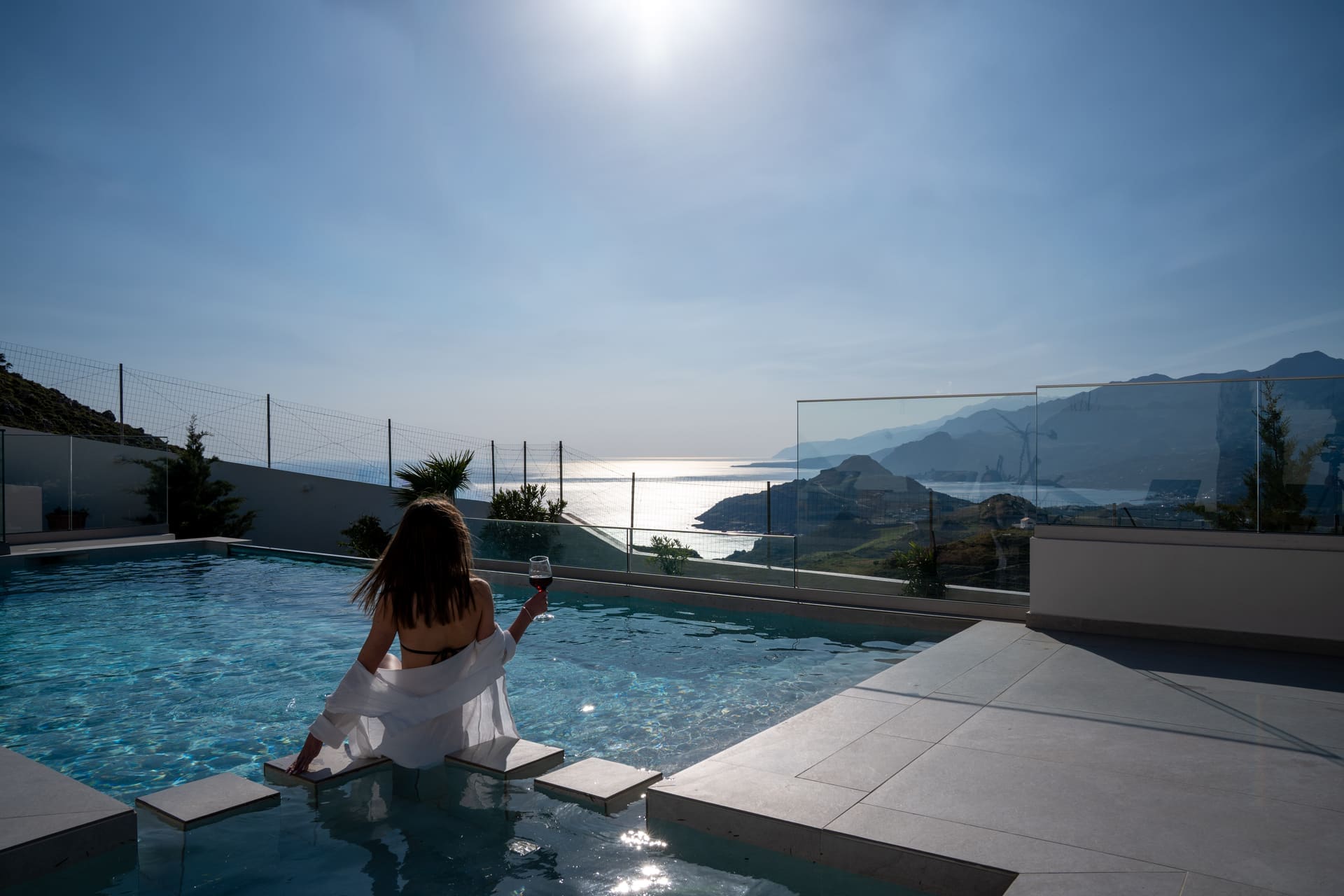 Model shot at Secret Oasis villa, Plakias South Crete — golden hour